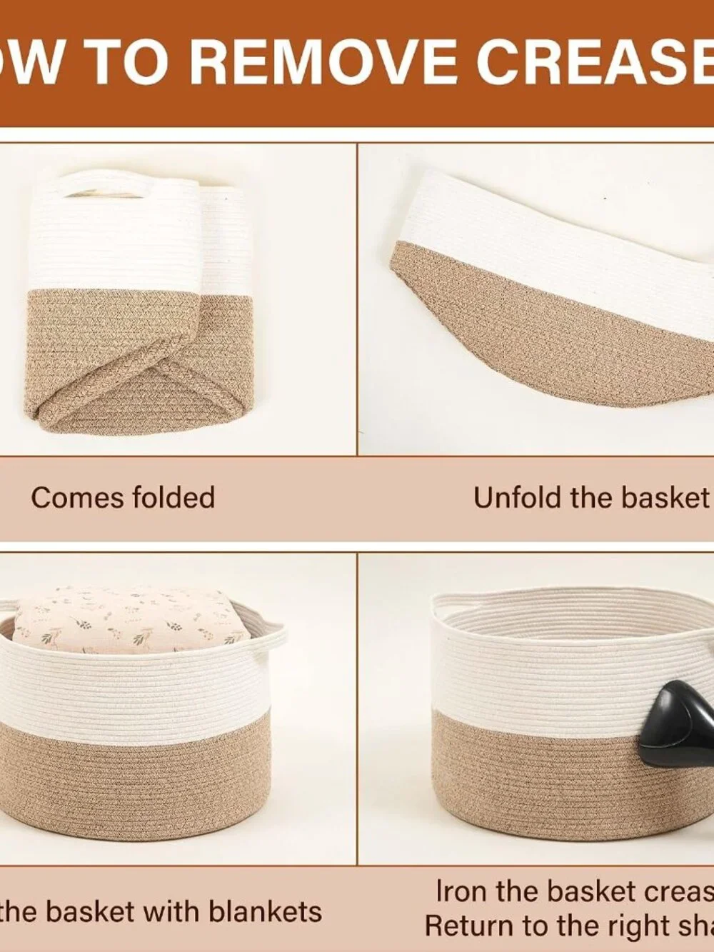 New Foldable Laundry Hamper Basket with Collapsible Handle Cotton Rope Soft Wove